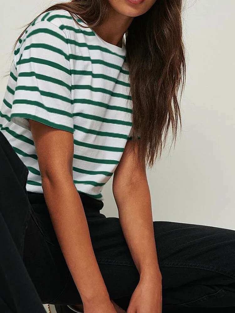 Summer Short Sleeve Striped T-Shirts Women Knitted Basic Casual Tops Female Cozy Loose Cotton Tee 2023 Haruku Shirt