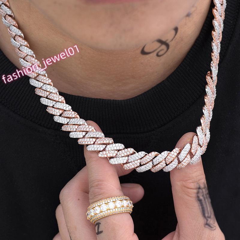 Qianjian New D VVS Moissanite Diamond Cuban Necklace 10-14 mm Explosion Rose Gold Plated Two Tone Miami Cuban Link Chain for Men