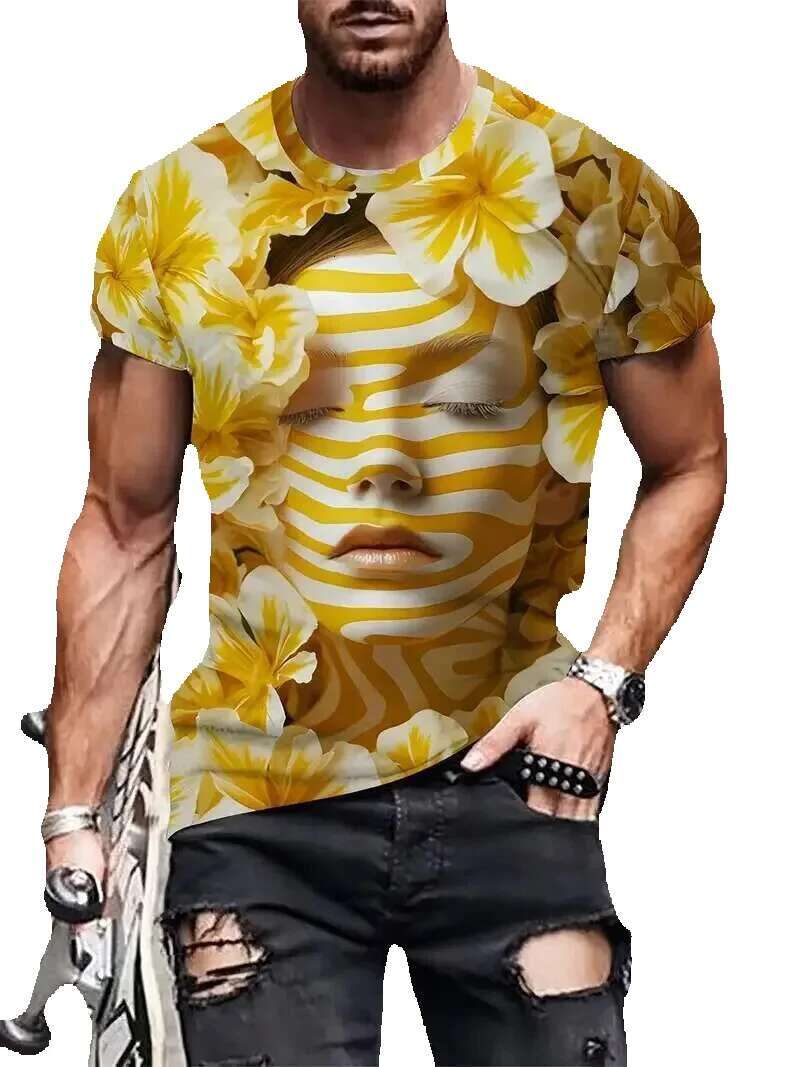 Fashionable and funny 3D facial print summer casual round neck short sleeved sweater outdoor T-shirt men's oversized clothing