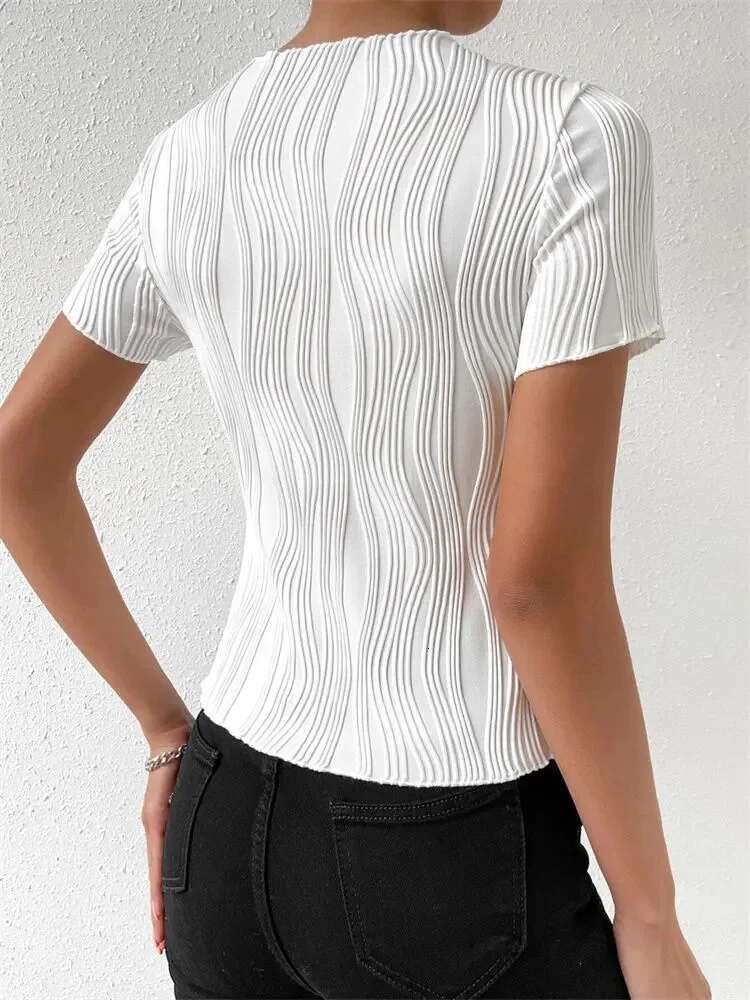 Casual Round Neck Short Sleeve Tee Top for Women Summer Spring Solid Color Rib-knit Tshirt Streetwear Y2K