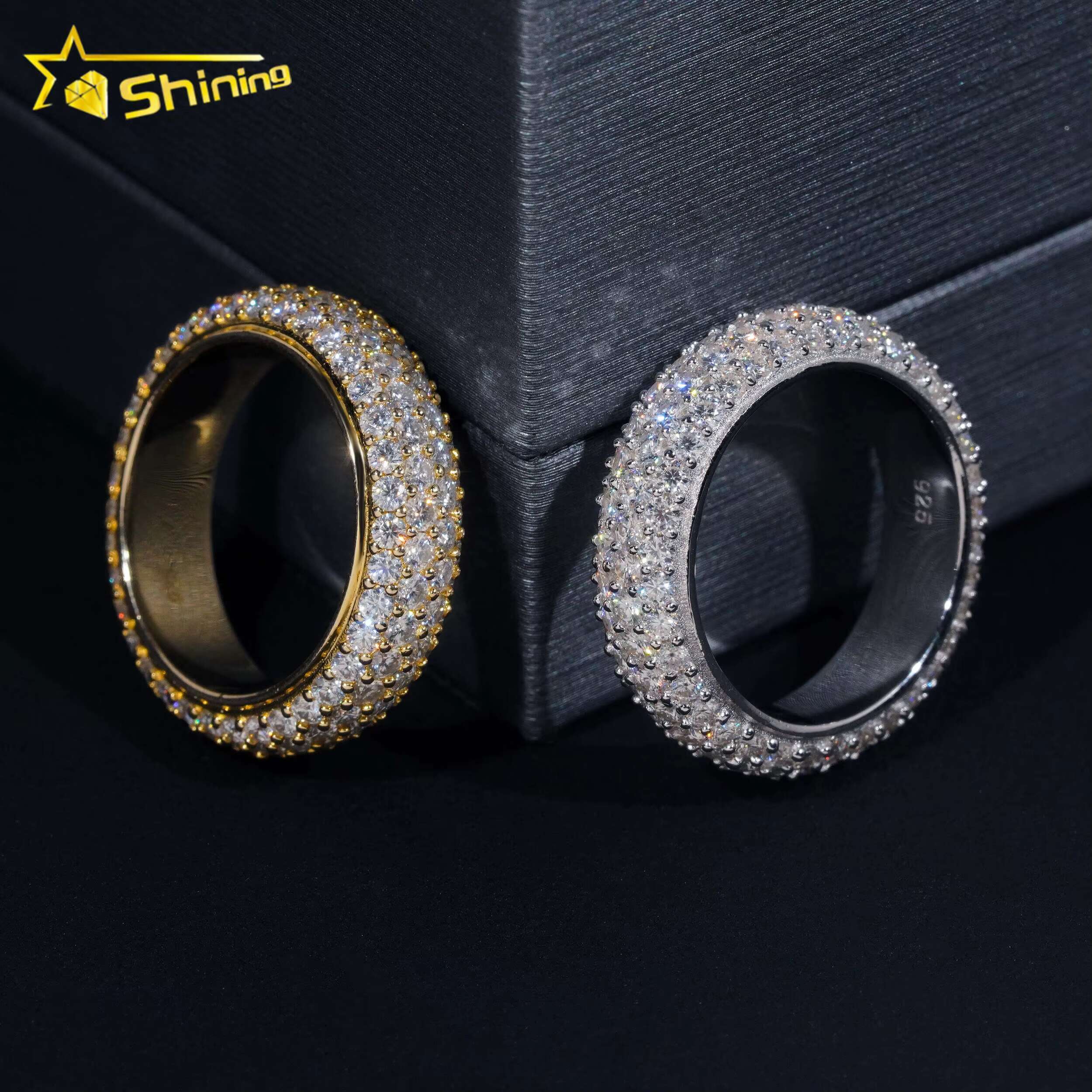 Fine Jewelry Stock GRA Certified Solid 925 Sterling Silver Gold Plated Iced Out Diamond Moissanite Fully Iced 4 Rows Band Ring