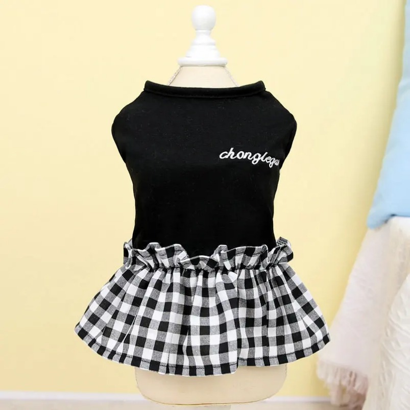 Soft Puppy Summer Outfit - White & Black Plaid Dress for Dogs like Chihuahuas and Bulldogs