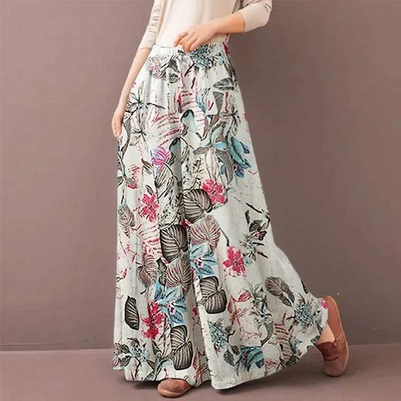 Womens floral printed wide leg pants for spring and autumn fashion Drstring Bohemian Trouser womens casual loose elastic waist pantsXJ250403
