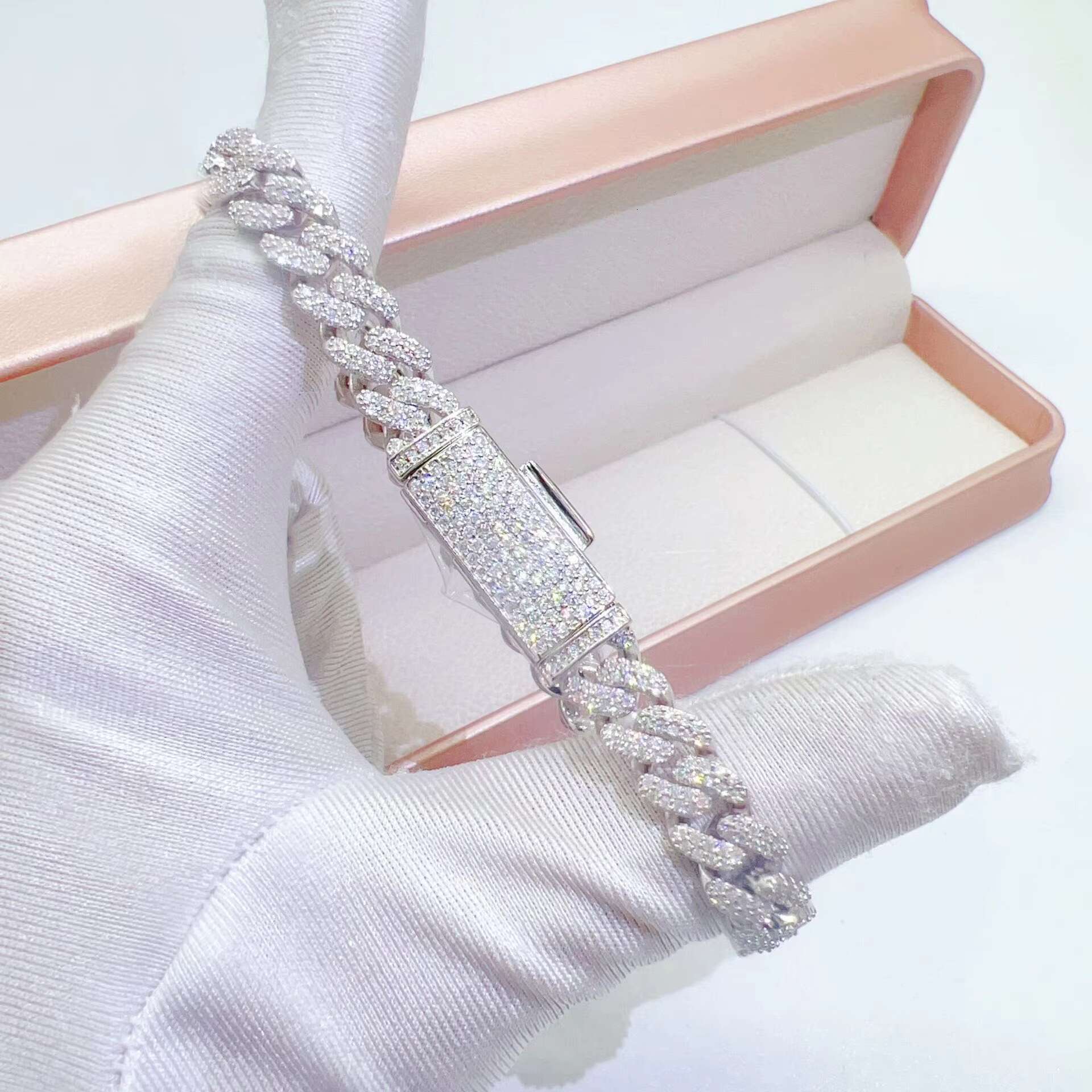 925 Silver Cuban Link Bracelet with Moissanite Diamond Pearl 8mm Thin Two-Row Iced Out Hip Hop Style for Weddings and Gifts