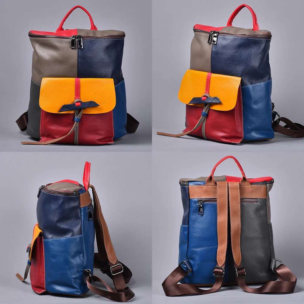 Ethnic Style Personalized Leather Colorful Random Clash Cowhide Backpack Shoulder Bag