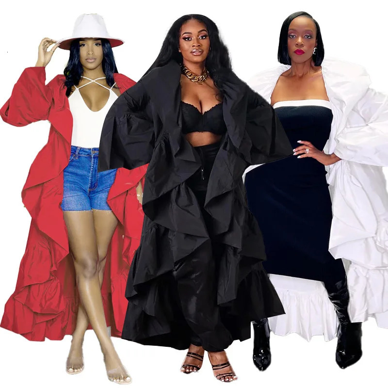 womens long trench coat autumn clothing solid color ruffled edge shawl jacket 250409