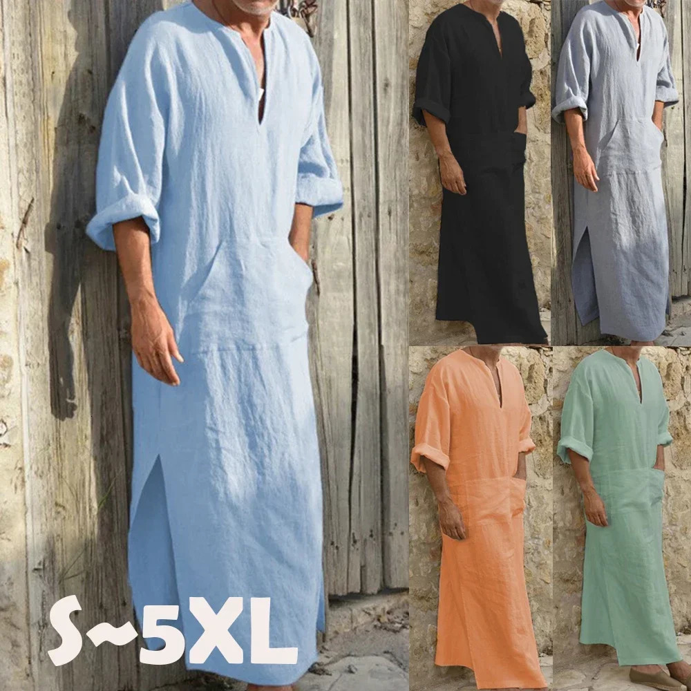 Short sleeved solid color mens Muslim Kaftan robe Jubba Thobe casual Dubai Saudi Arabia Abaya 5XL 250409