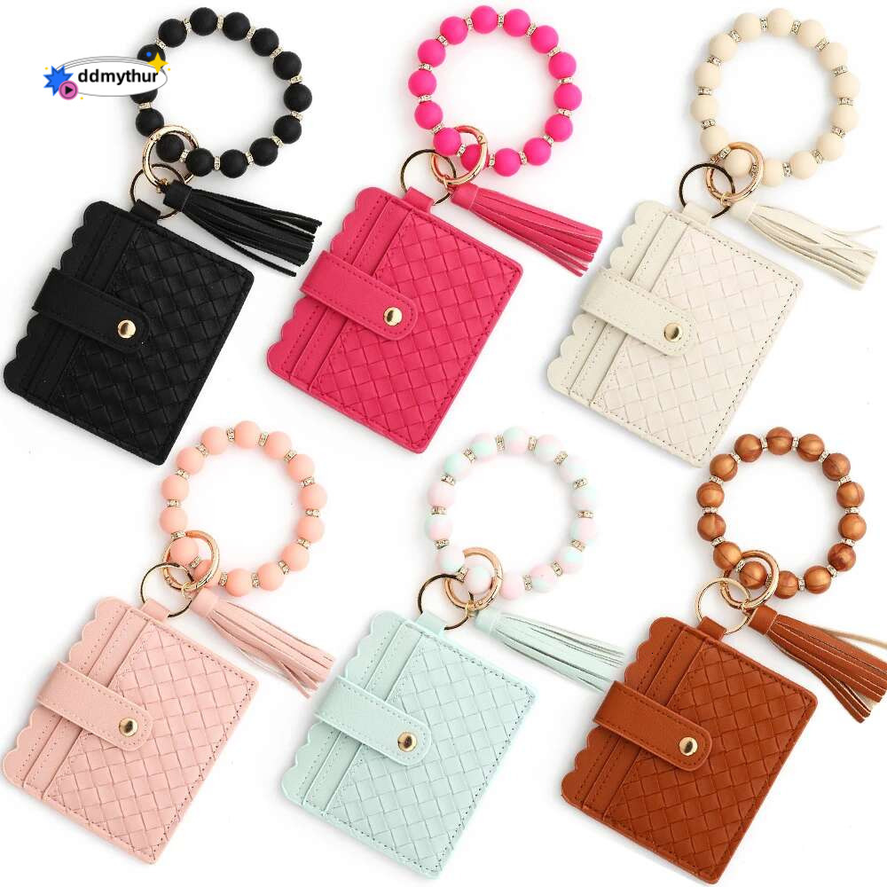 2024 New PU Silicone Beaded Bracelet Keychain Holder Women's Leather Woven Card Bag Zero Wallet ddmythur