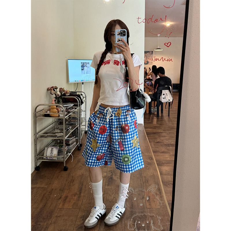 2025S Designer Shorts For Women American Shorts Summer New Item Niche Blue Checkered Fruit Women S Trendy Brand Beach Five Quarter Pants Beach Pants