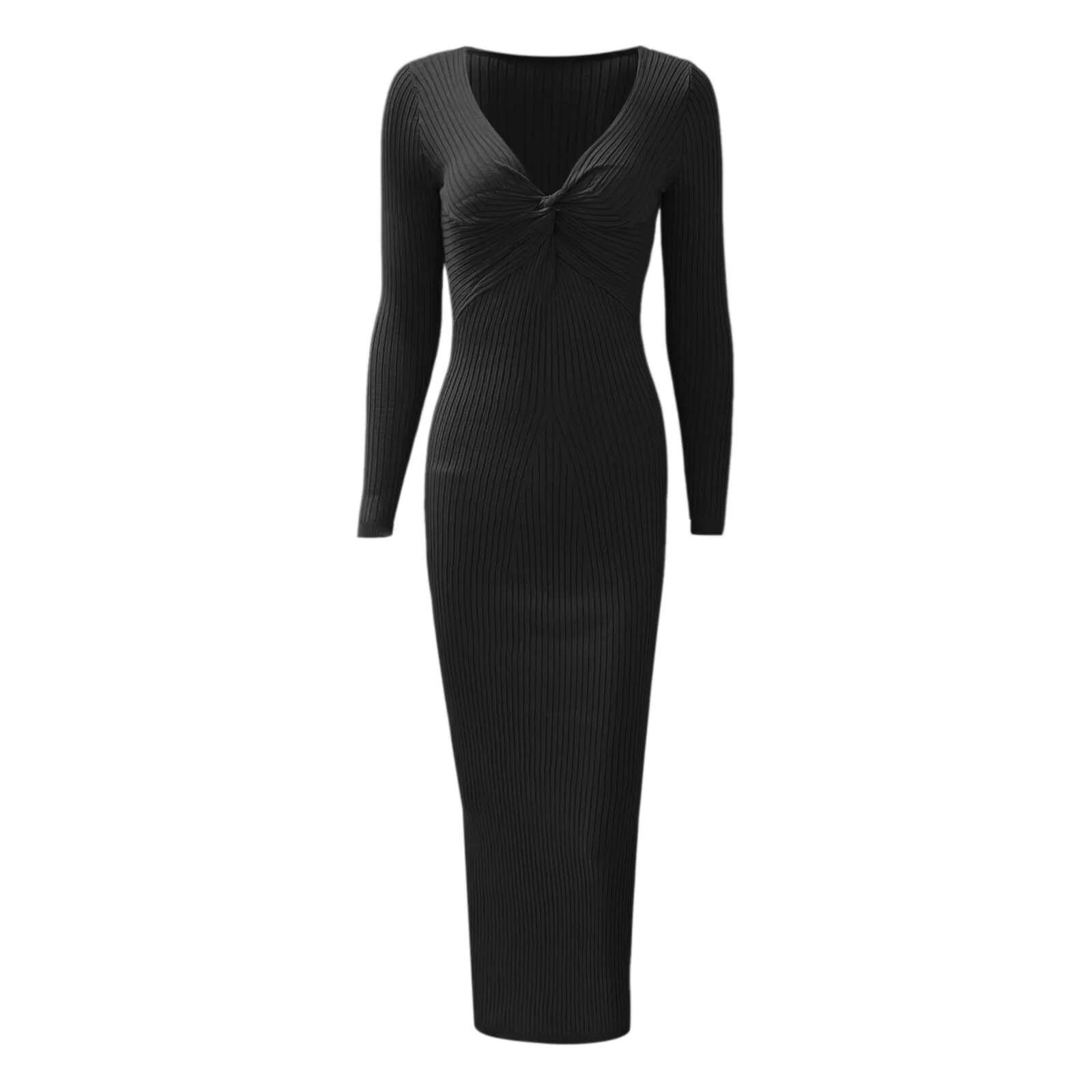 Dongdumaoyi Women Ribbed Knit Long Sleeve Maxi Dress Slim Fit Solid Color Bodycon Pencil Woman Casual Fall Winter Robes Clothes