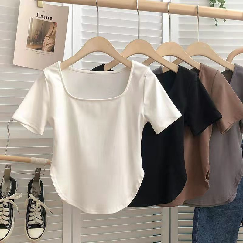 2025S Designer Women S T Shirt Curved Hem U Neck Short Sleeved Women S Summer T Shirt New Solid Color Slim Fit Versatile Collarbone Base Shirt Top Tre