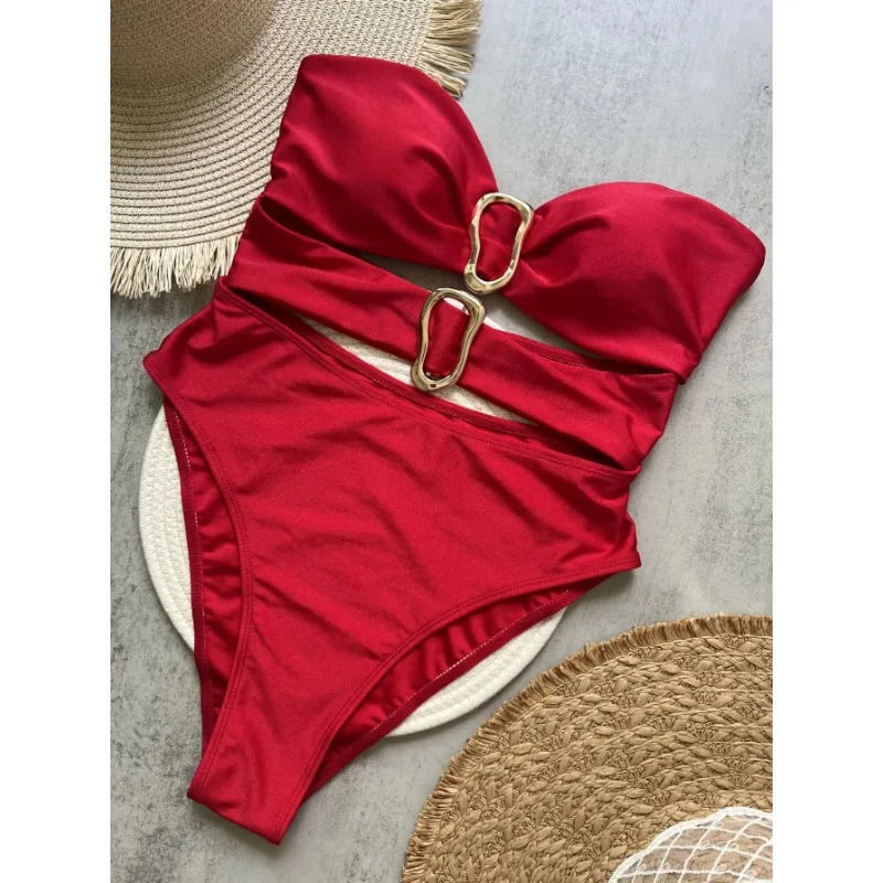 3color sexy metal ring cut womens onepiece swimsuit Bandeau long leg bathtub B022D 250409