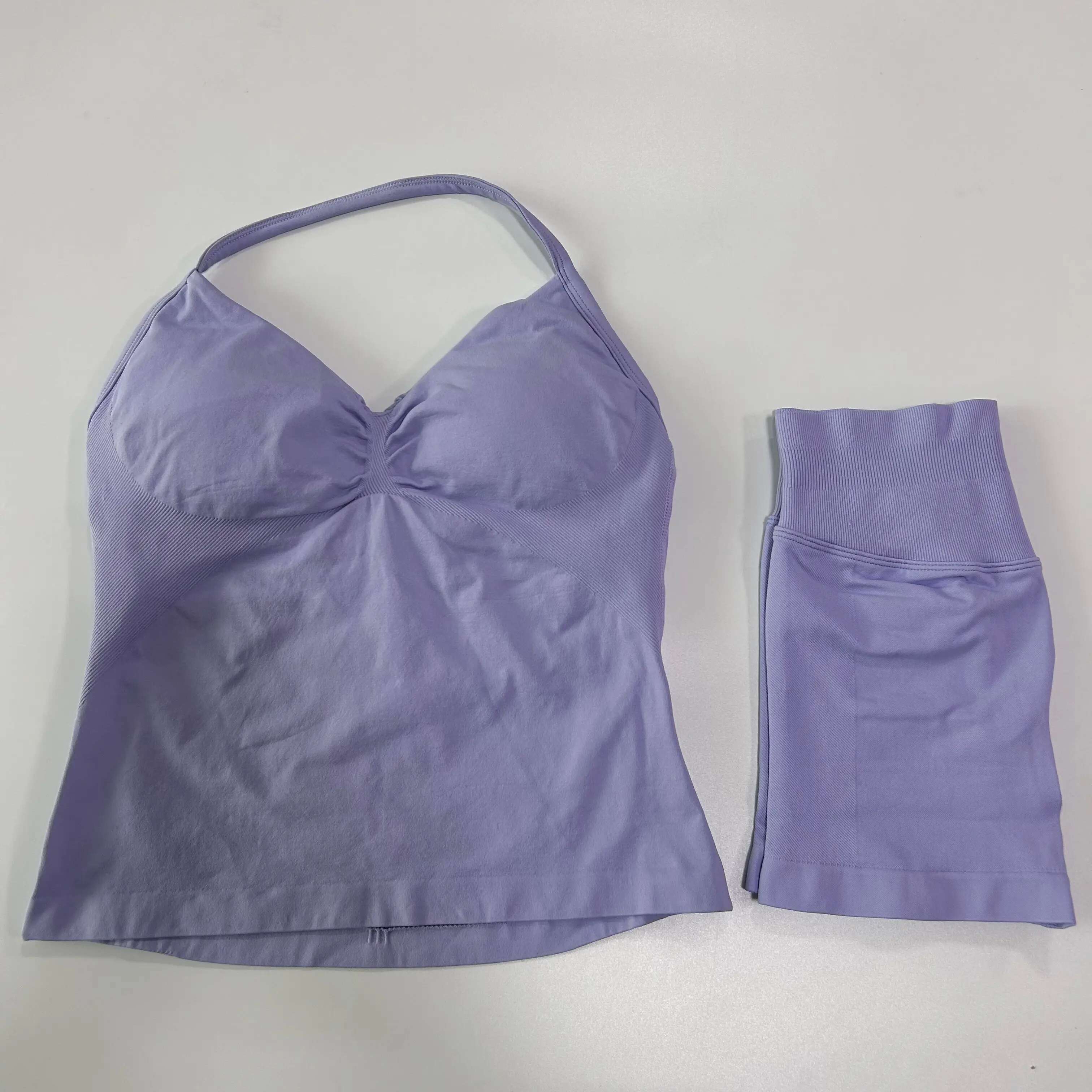 Impact Solid Color Yoga Set 2 with Cami Top and Ribbed Seamless Shorts 4-Way Stretch for Summer Fiess Pilates Gym