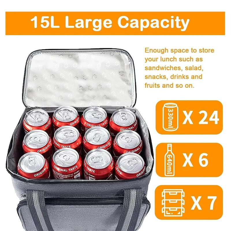 15L Portable Thermal Lunch Bag Food Box Durable Waterproof Office Cooler Lunch Box Ice Insulated Case Camping Oxford Dinner Bag 250407