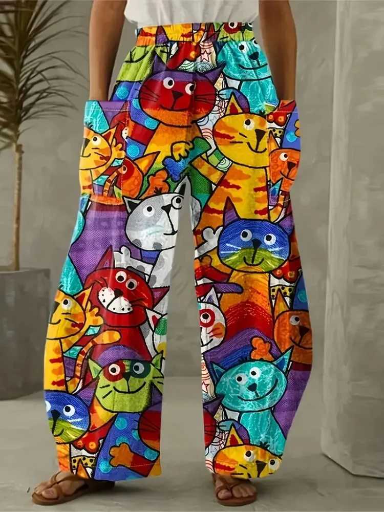 Cartoon and interesting cat colored 3D printed womens double-sided pocket pants city street fashion womens Bloomer casual loose long styleXJ250403