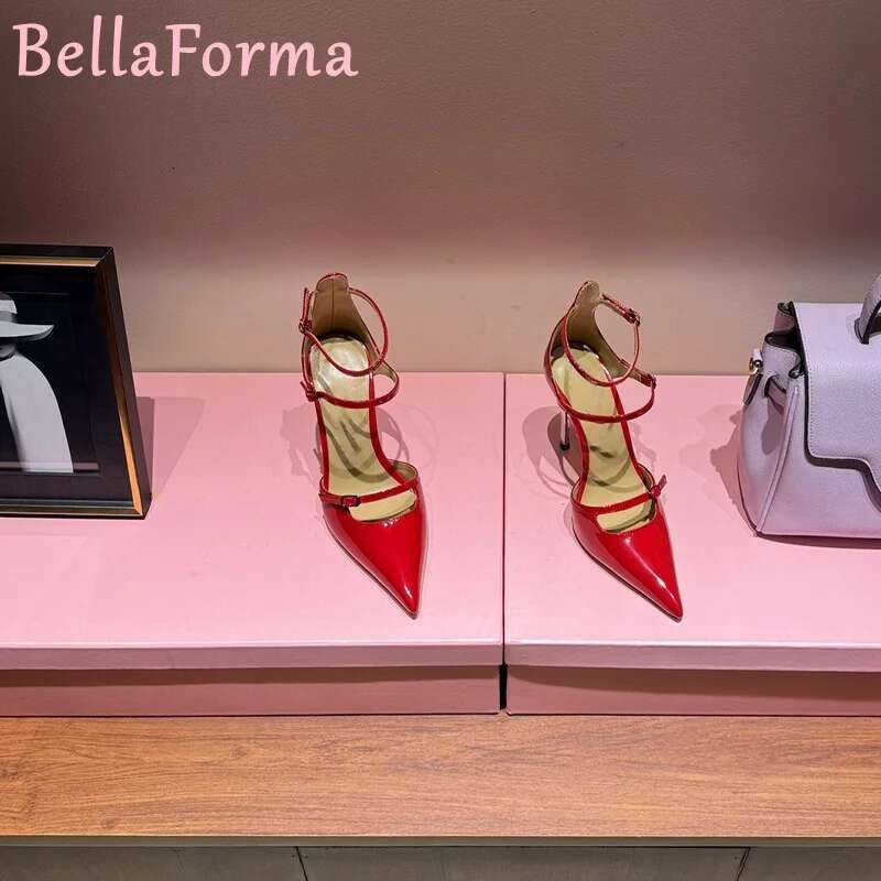Women Pointed Toe Patent Leather Metal Stiletto High Heels Ankle Strap Double-Breasted Belt Buckle Simple Banquet Formal Sandals