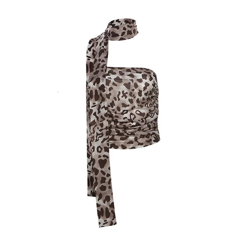 Womens sheer leopard print top shoulder straight cut necklace summer casual girl shirt 250409