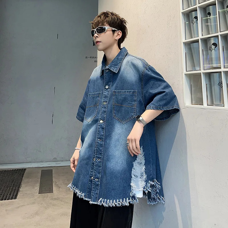 American retro denim short sleeved shirt suitable for summer thin niche shoulder pads versatile loose collage shirt 250408