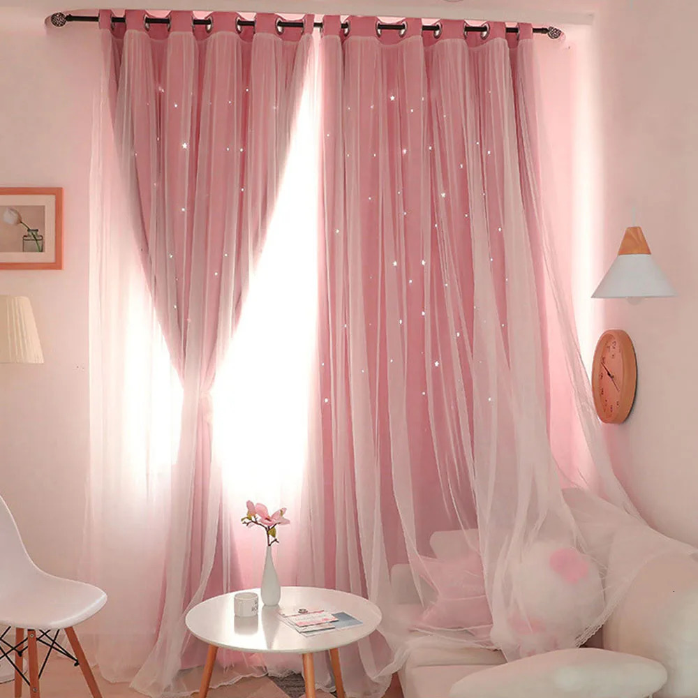 1/2Pcs star blackout curtains double-layer romantic pink sheer curtains used for decorating curtains in living rooms girls bedrooms 250409