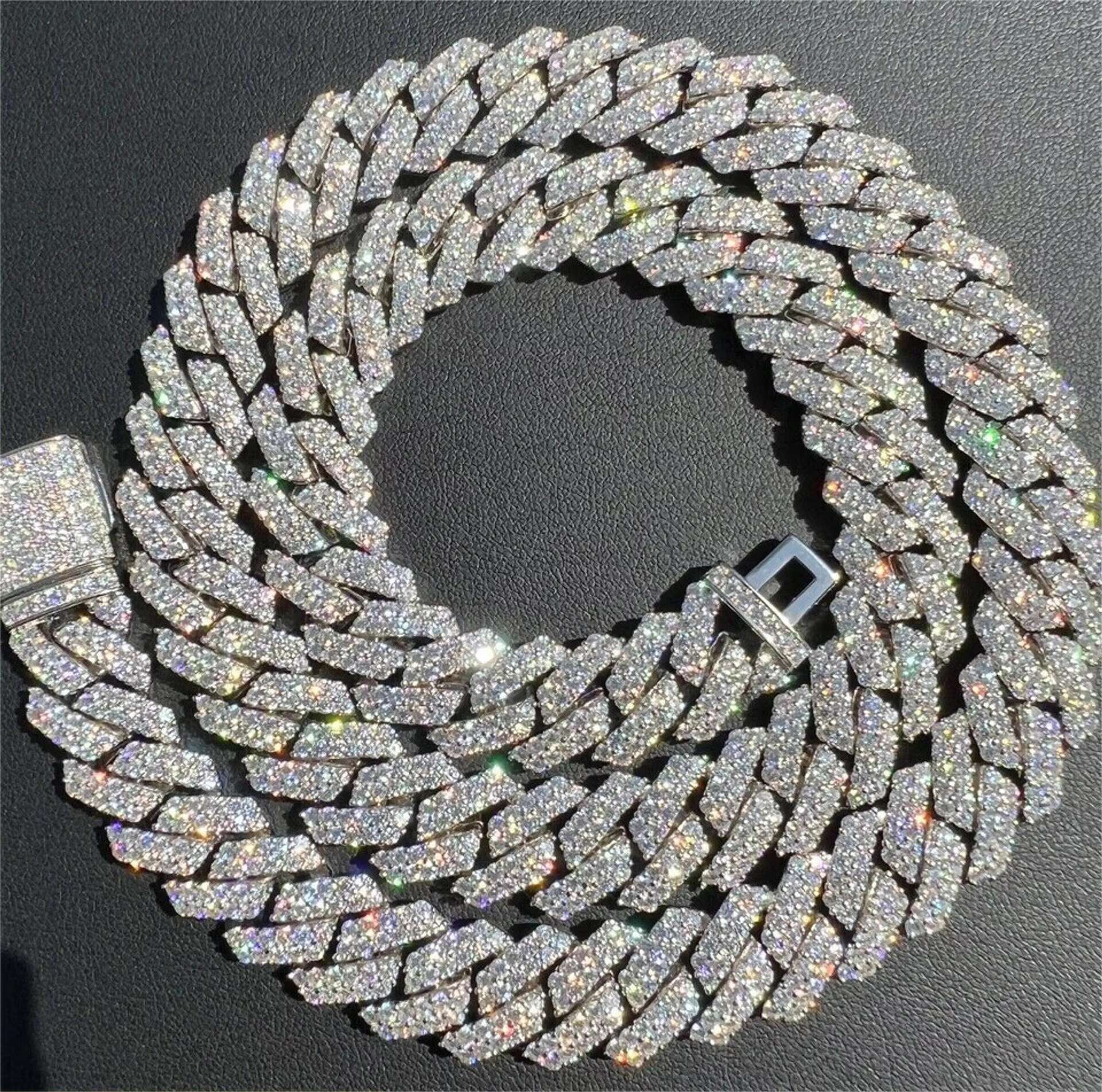 Popular 10mm Moissanite Diamond Prong Cuban Link Chain VVS Pass Diamond Tester 925 Sterling Silver Gold Cuban Link Chain