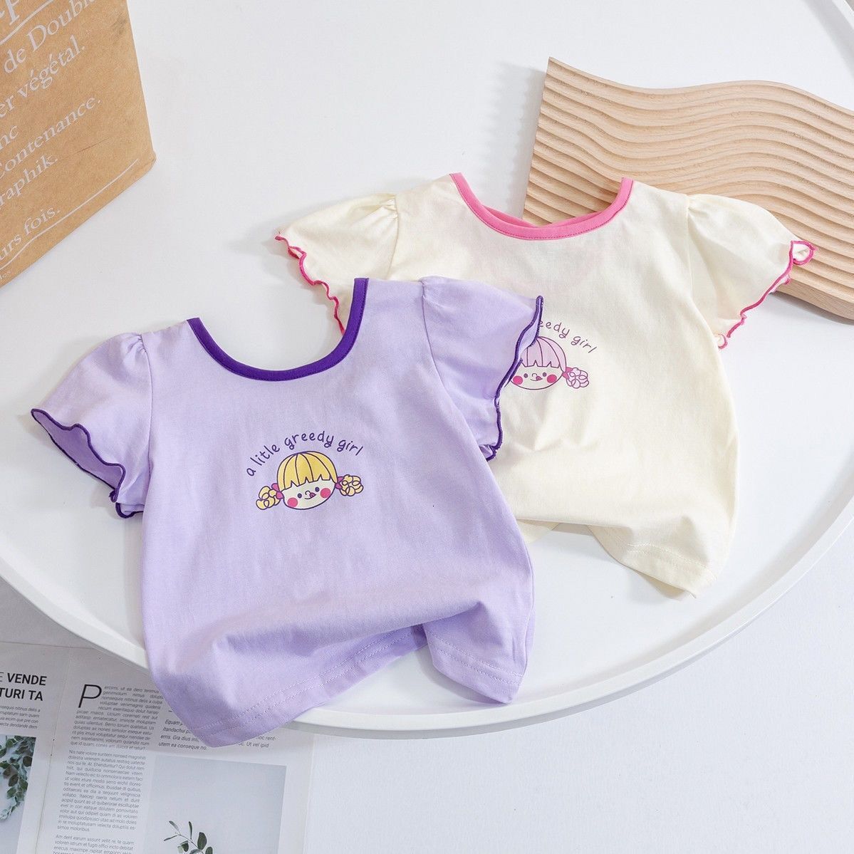 Ddmyshoesvip Buy 1 get 1 free Girls Summer Short Korean Edition New Style Cartoon Girl Baby Round Neck Versatile Bubble Sleeve Top T Shirt