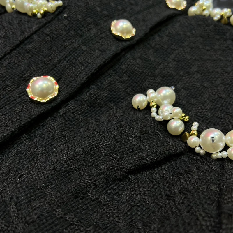 Small Fragrant Pearl Buttons Short Tweed Coat Women Autumn Winter Diamond Tweed Skirt Women Elegant Two Piece Set 251105