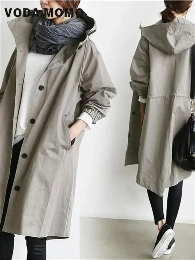 SpringSummer Casual Korean Fashion Hooded Medium length Coat Loose Windproof Womens Trench Solid Color Pocket 250409