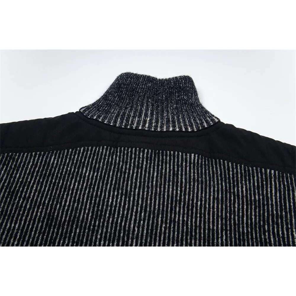 Patchwork Striped Knitted Cardigan Mens Spring High Street Pocket Stand Collar Long Sleeve Sweatercoat Men