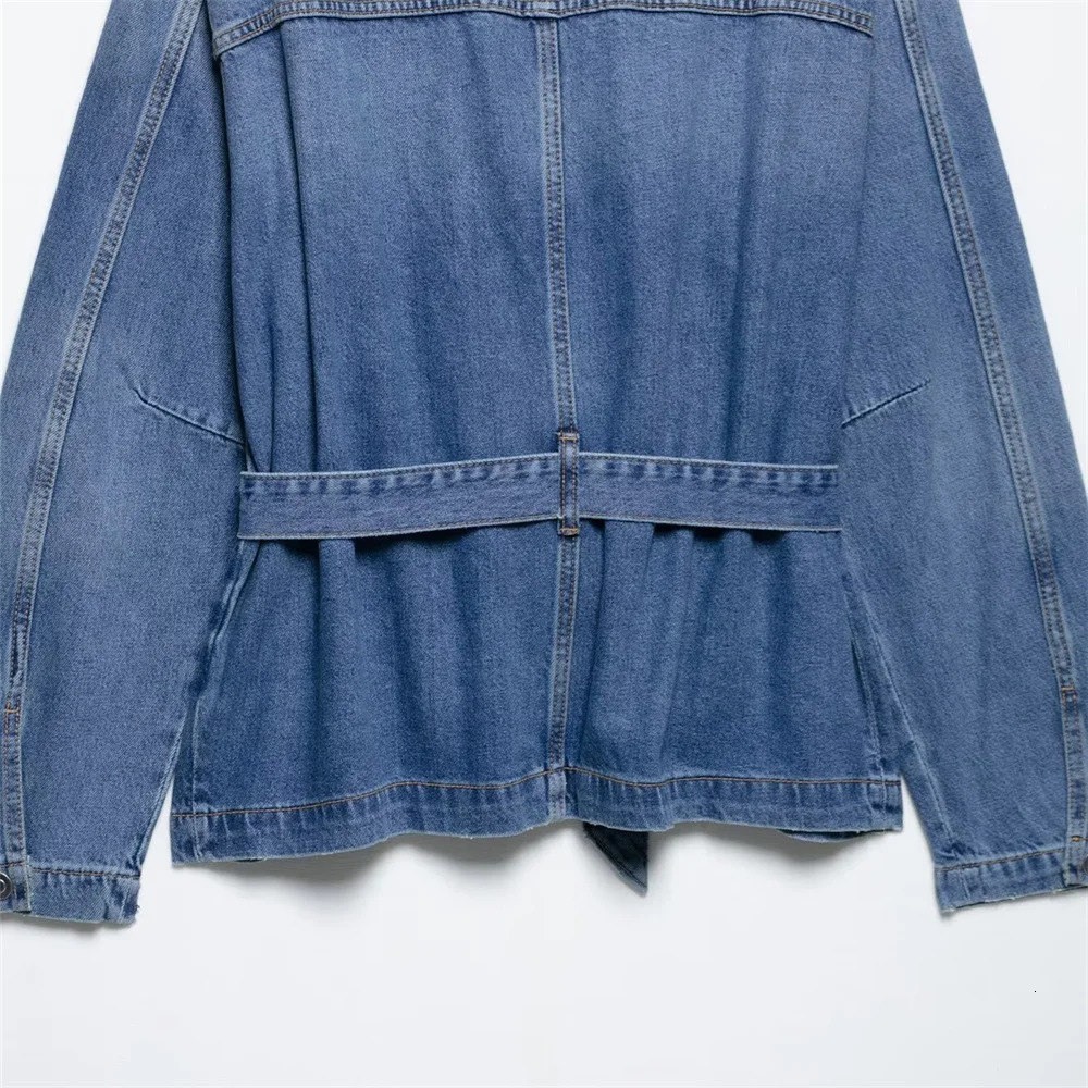 UNIZERA womens denim jacket with belt and lapel buckle decoration suitable for spring summer casual clothing 250409