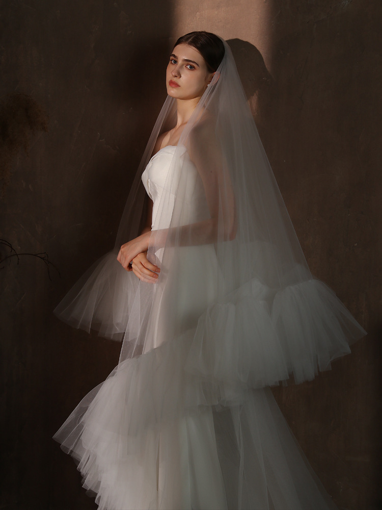 Elegant Wedding Veil Two Layer Long Cathedral Veils Ruffles Ruched Edge Handmade Tulle Customized Bridal Accessories