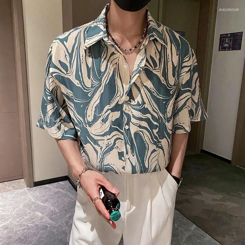 Shirts Men's Casual Summer Ice Silk Flower High Street Shirt Tops Short Sleeve Plus Size Printing Fashion Blouse Trend Vintage Men Clothes