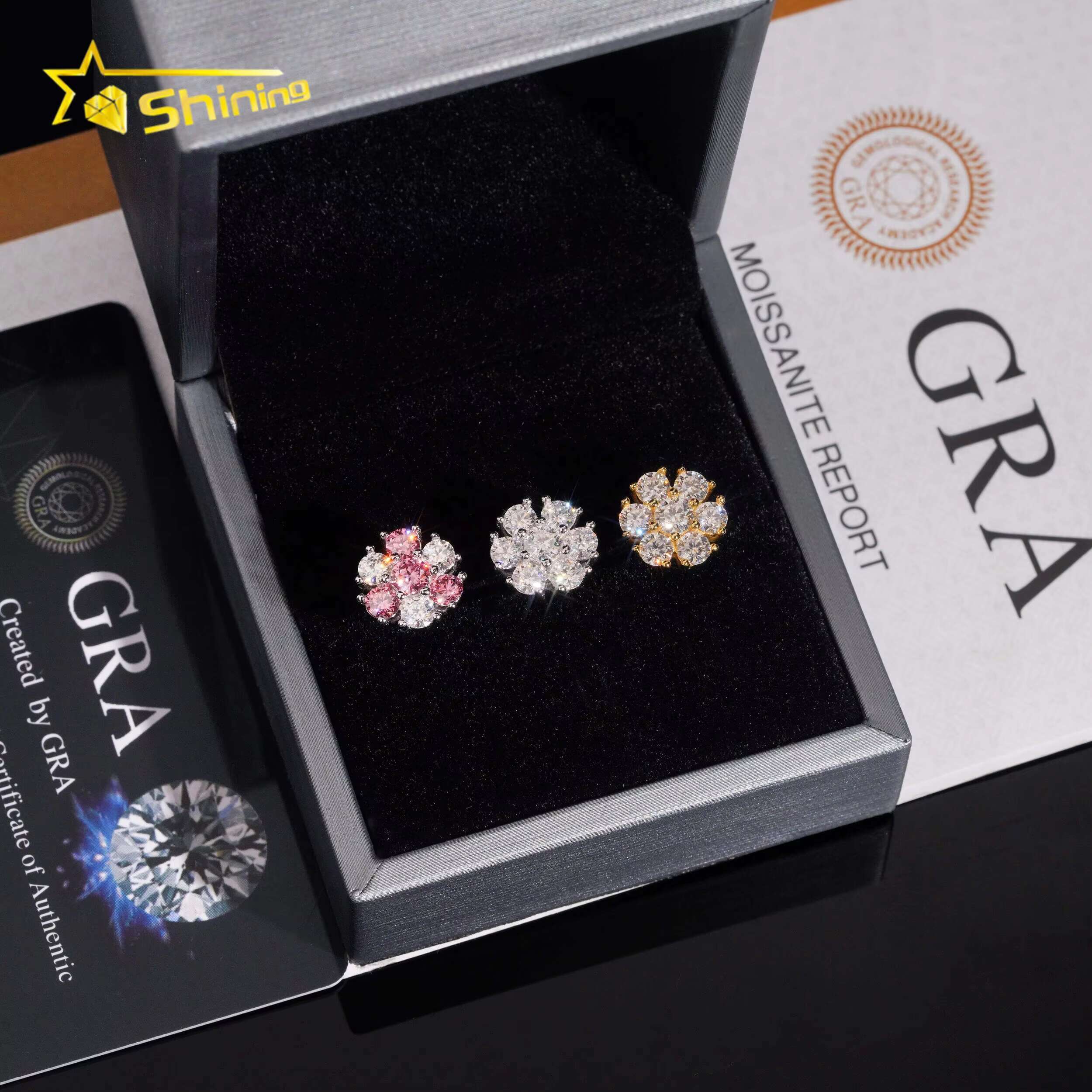 High Quality Hip Hop Pink Diamond Screw Back 925 Silver Cluster Flower Men VVS Moissanite Earrings