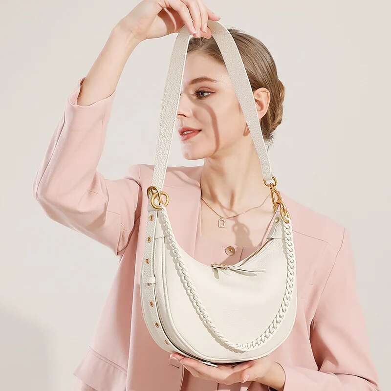 High Quality Genuine Leather Half Moon For Women Soft Cowhide Shoulder With Chain Strap Trendy Commuter Underarm Bag
