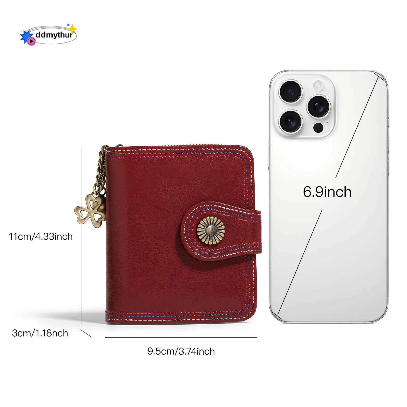 Red Card Holder with Metal Pendent Passport Short Wallet Zipper Around Clutch Purse Vintage Valentine's Day Gift ddmythur