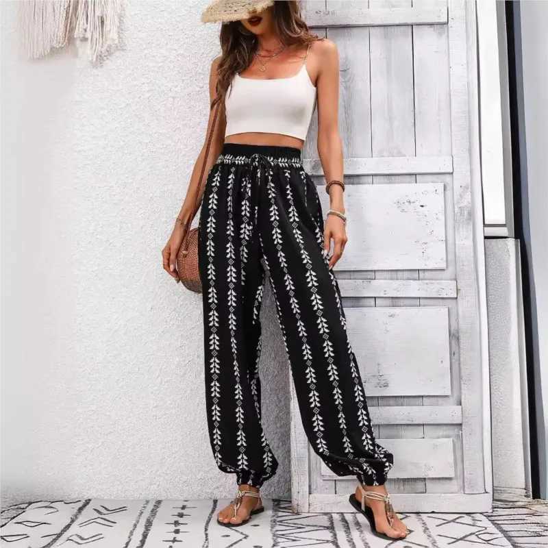 Womens Trousers 2025 Summer Versatile Grid Wide Leg Lantern Pants Casual Pants Lace up Elastic Waist PantsXJ250403