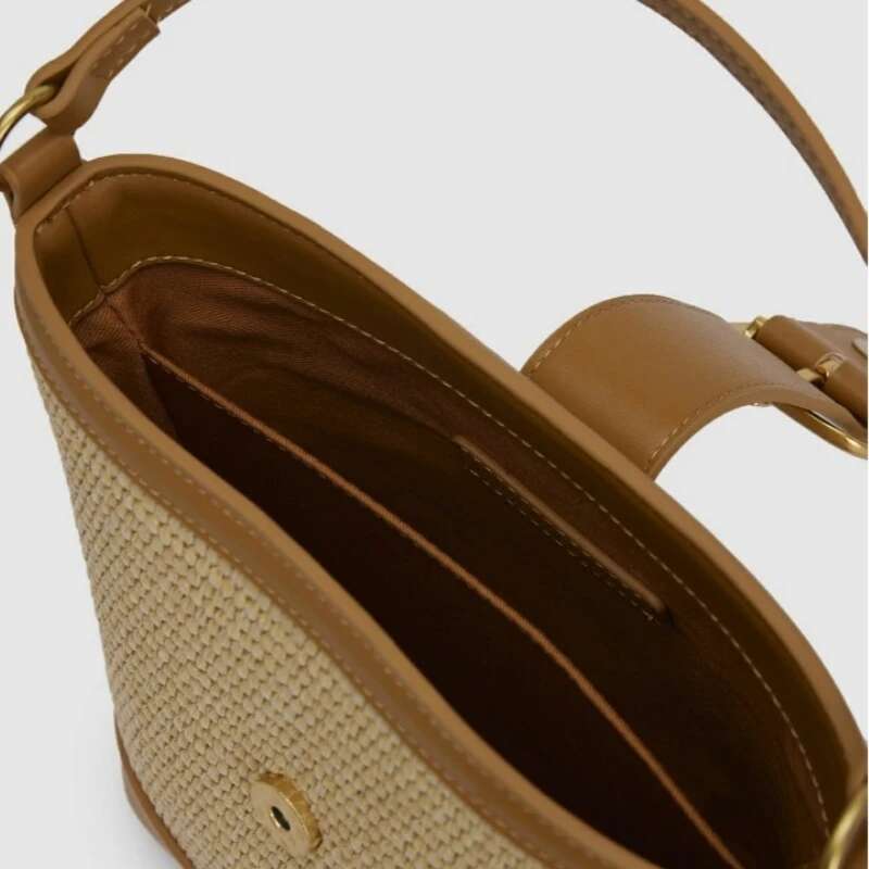 Trendy Women's Weave Bucket PU Leather Patchwork Design Handbag Summer Casual Sg Crossbody Beach Bag