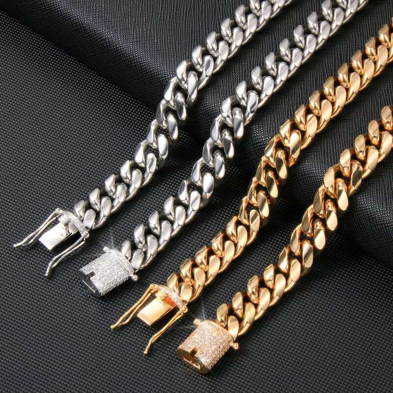 10mm 12mm 14mm 16mm 18K Gold Plated Hip Hop 316L Stainless Steel Choker Solid Miami Cuban Link Chain Bracelet for Mens