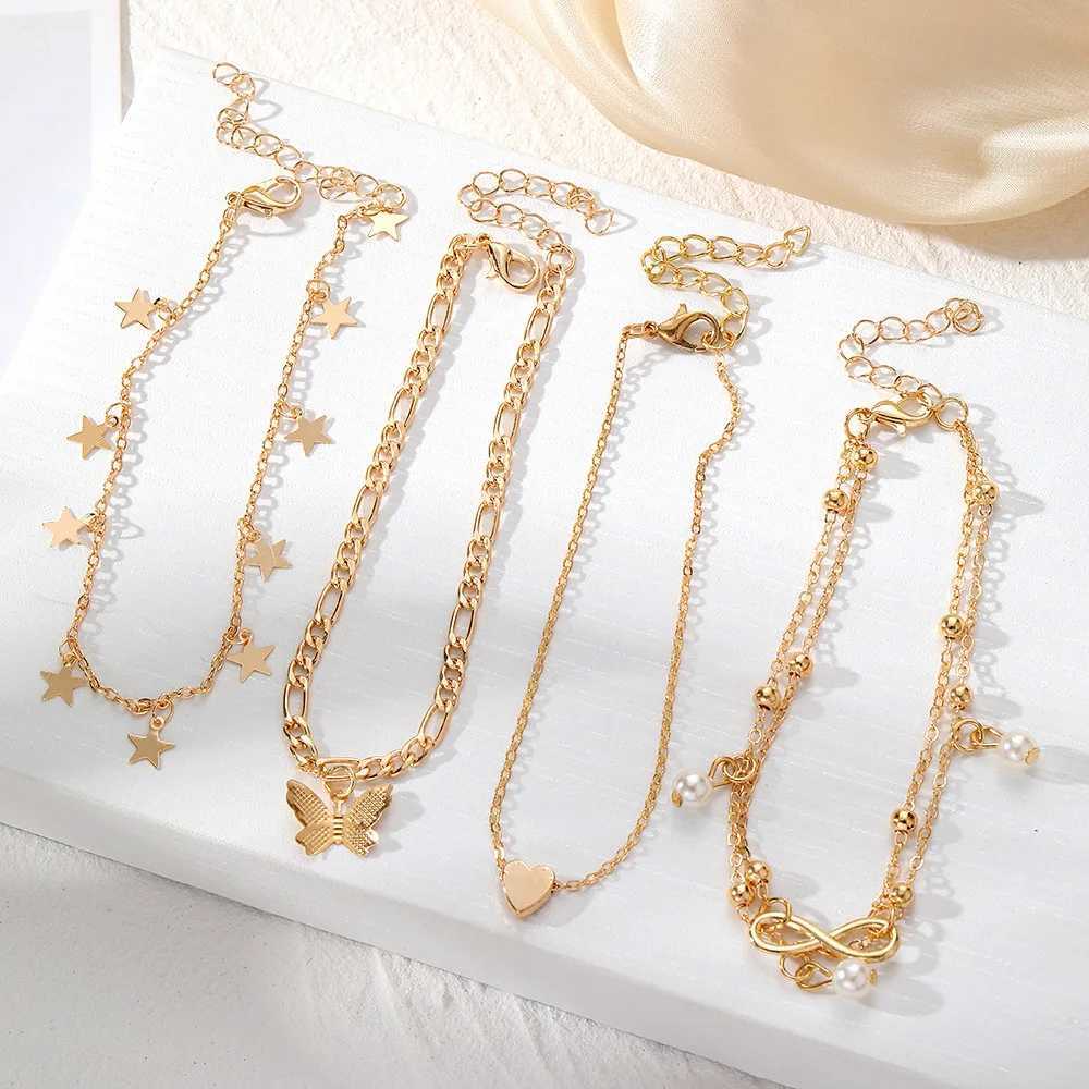 Gold Color Vintage Butterfly Anklet Set For Women Multilayers Adjustable Love Anklet Bracelet On Leg Foot Beach Jewelry Z250408