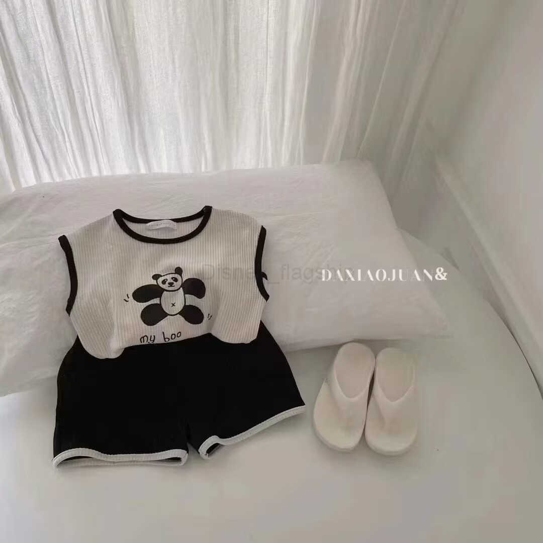 Disney Boys and Girls Waffle Set 2024 Summer Dress Korean Edition Childrens Stylish Cartoon Sleeveless Tank Top Two Piece Set TrendyXJ250409