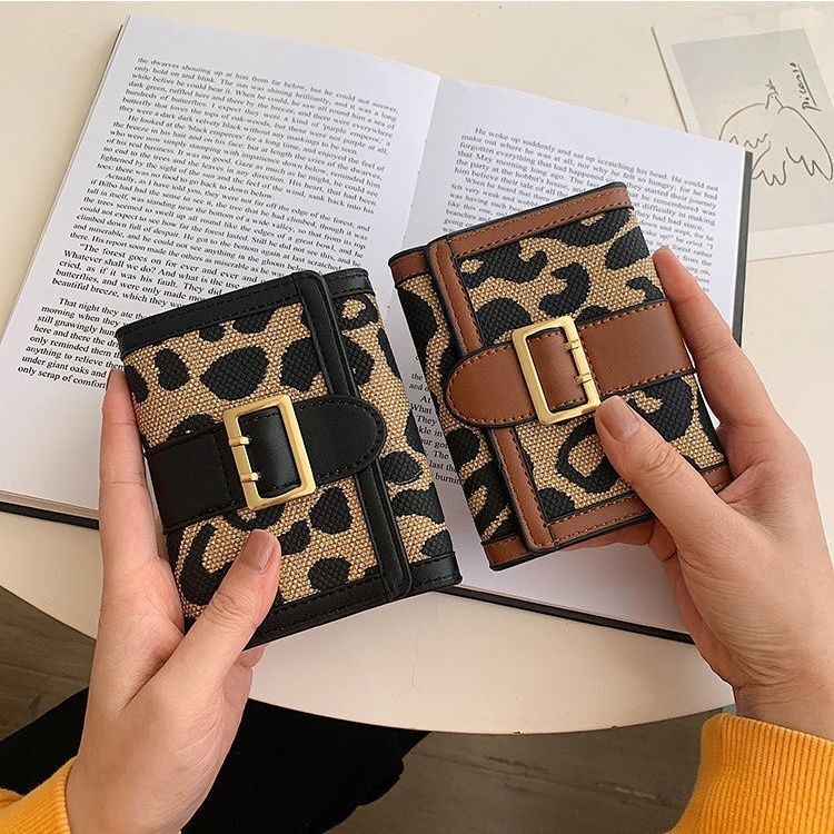 Fashion leopard print canvas wallet short coin wallet multi card slot buckle long handbag new trendy designer wallet