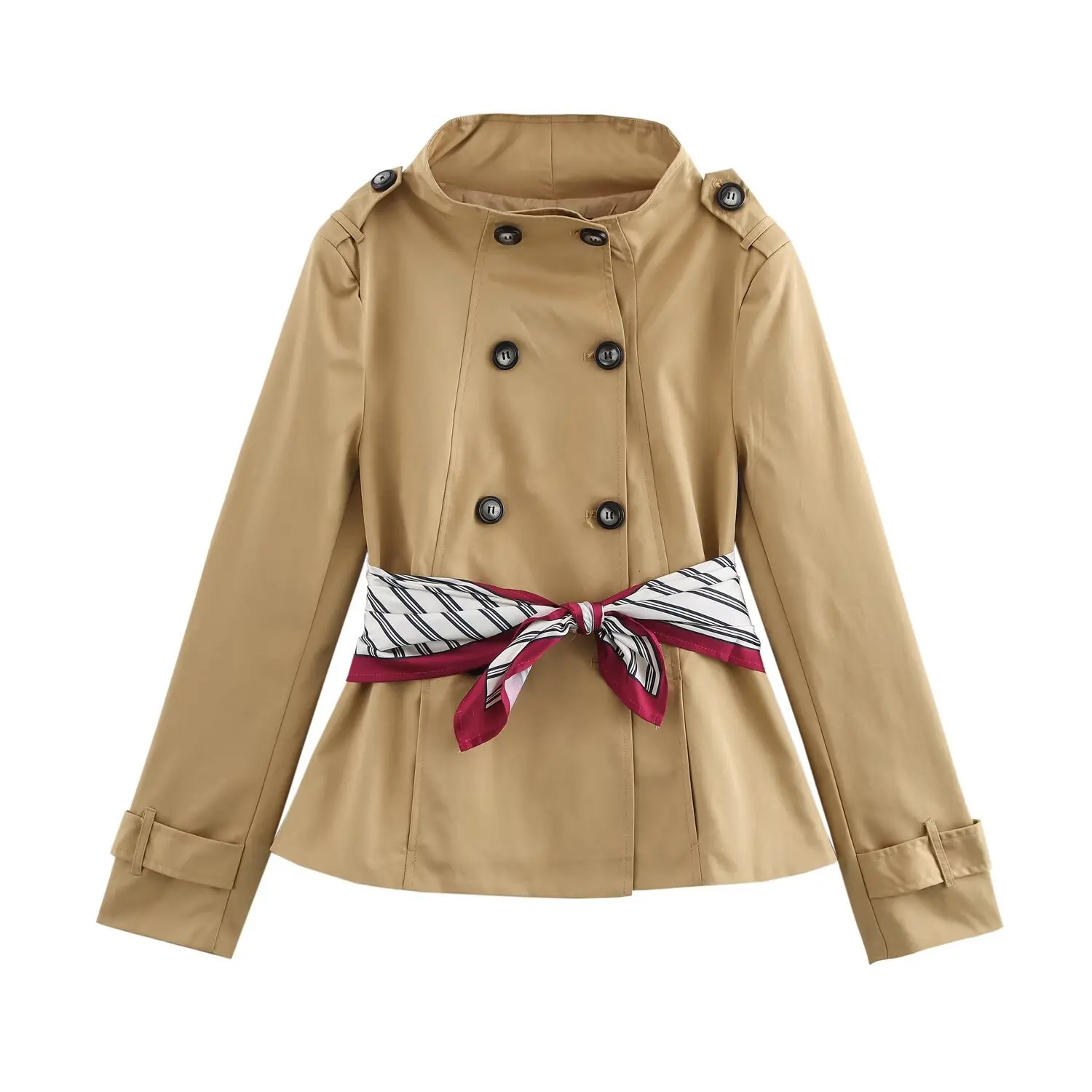 ZBZA Womens Short Printed Scarf Windproof Machine Stand Collar Long Sleeve Double Layer Top SpringSummer Style Casual Chic Coat 250409