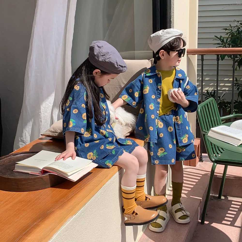 1-7 year girl and boy casual summer printed denim suit baby and children soft denim suit shirt+shorts 2 pieces S2548