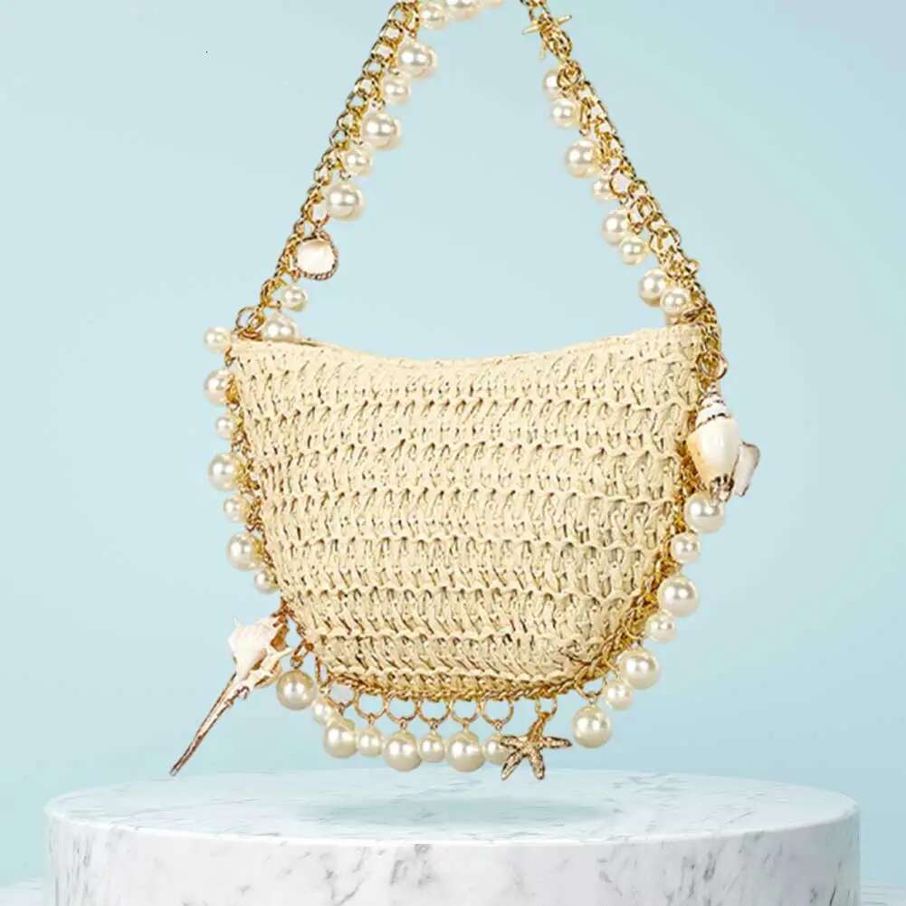 Women Pearl Clutch Wrist Handbags Large Capacity Simple Evening Straw Shoulder Handbag Outdoor Travel Bag