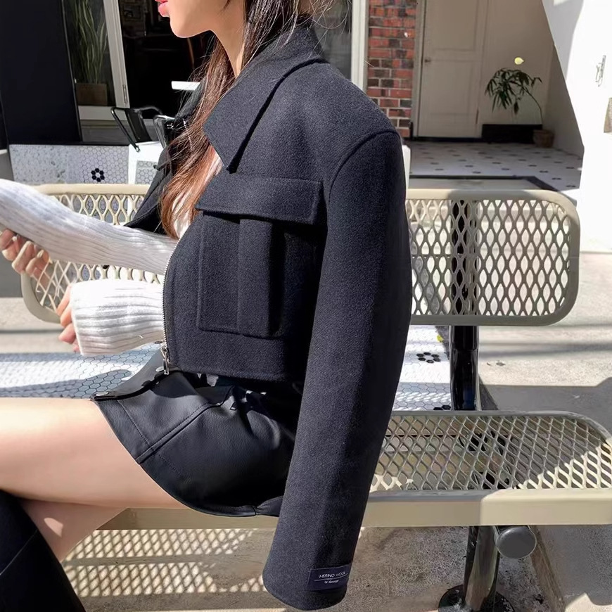 Korean ins winter new Korean style handsome short design sense flip pocket zipper woolen jacket for women240919