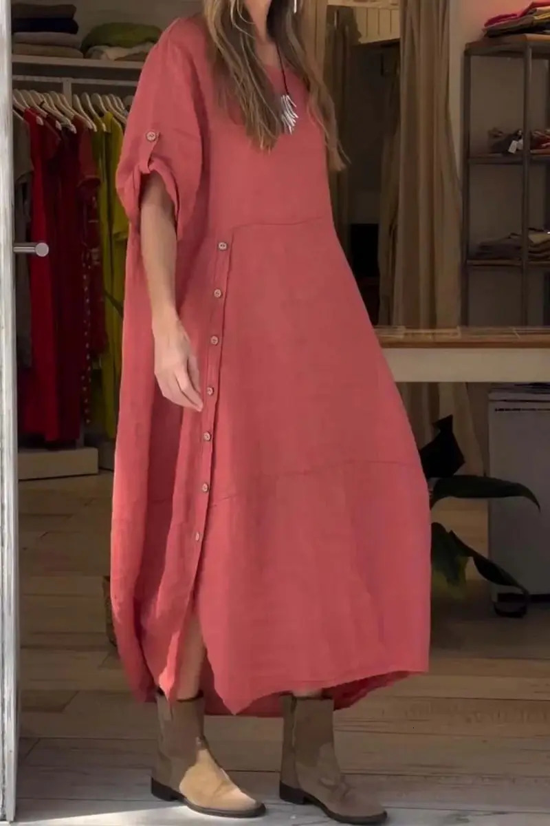 Summer Monsoon loose casual solid color short sleeved cotton linen dress 250409