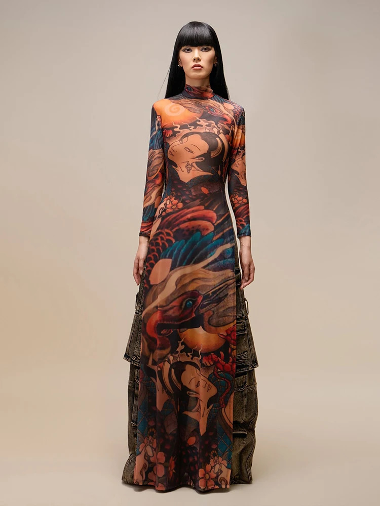 Sisterlinda Spring Release Junior Girl Ankle Strength Sexy High Street Dress Printing Perspective Slim Choker Fashion Robe 250409