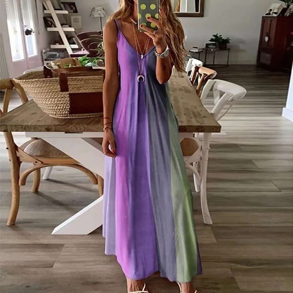 Dongdumaoyi Plus Size Dress Women Gradient Print Summer Casual Long Elegant V Neck Sleeveless Strap Maxi Beach Sundress XL Robe