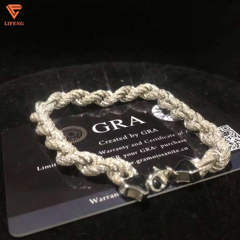Fashion Jewelry White Gold 925 Sterling Silver Bracelet Iced Out 8 mm VVS Moissanite Hip Hop Rope Chain Charm Bracelet for Men