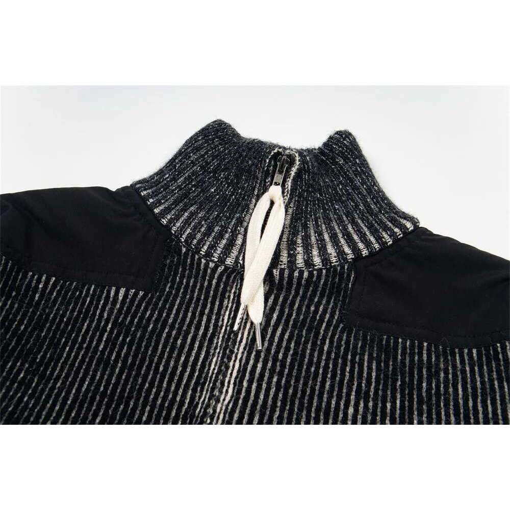 Patchwork Striped Knitted Cardigan Mens Spring High Street Pocket Stand Collar Long Sleeve Sweatercoat Men