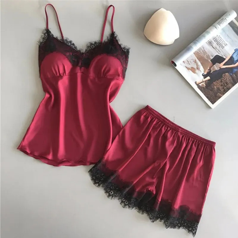 Women Pajama Suit Fashion V-Neck Stretch Satin Babydoll Lace Sexy Lingerie Bowknot Pyjamas Sleep Shorts Set Sleepwear 250409